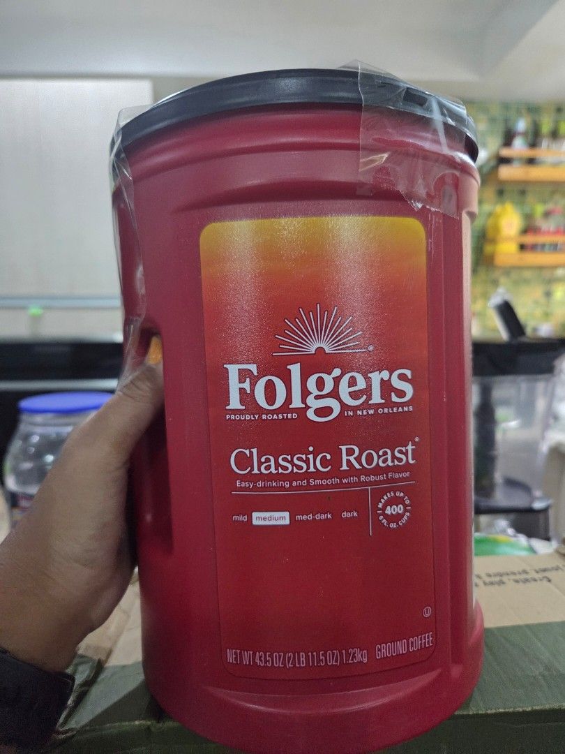 Folgers Classic Roast Ground Coffee - 43.5 oz (Category: Beverages) located in Davao. Submitted by gretchenal19856 (Listing ID 1456436160, Image 1). Description: - Large container of Folgers Classic Roast ground coffee - Easy-drinking and smooth with a robust flavor - Makes up to 400 cups - Perfect for your morning brew.
