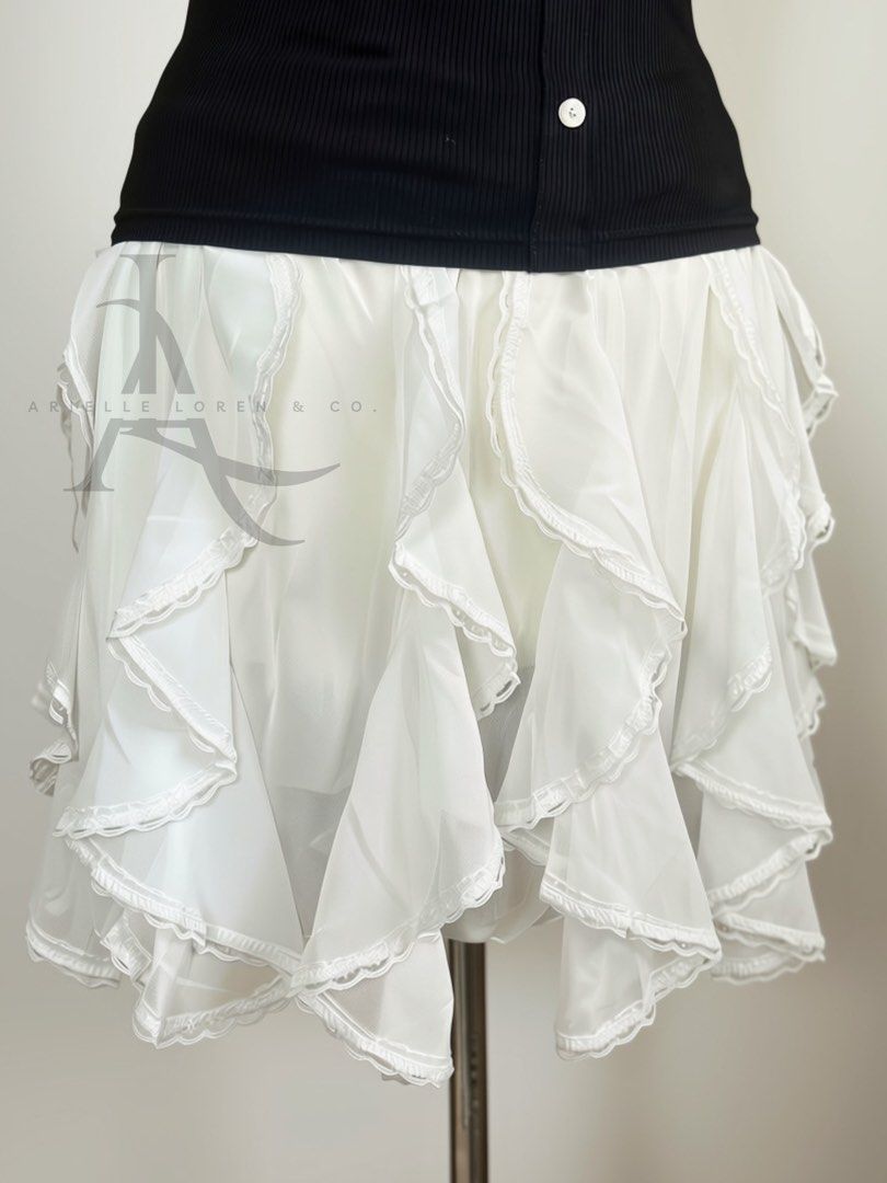 Fringe Ruffled Lace Skirt - White (Category: Skirts) located in Manila. Submitted by ariellelorenco (Listing ID 1456505492, Image 1). Description: -lace and ruffled skirt -Free size up to semi XL -Fully garterized waist -Waist up to 38in max -With inner shorts .
