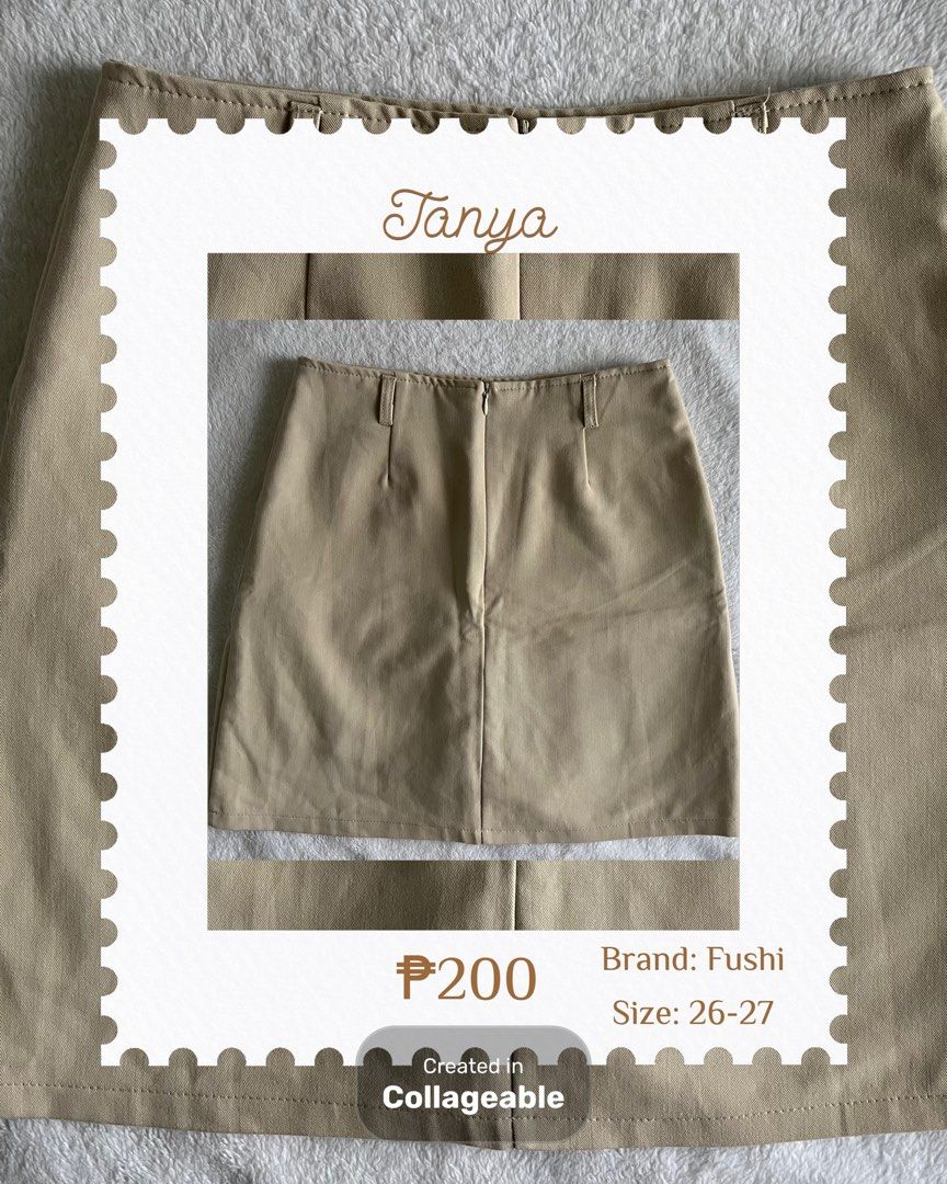 Fushi Tan Mini Skirt (Category: Skirts) located in Muntinlupa City. Submitted by bluebubbles_05 (Listing ID 1456430272, Image 1). Description: - Brand: Fushi - Type: Tan Mini Skirt - Size: 26-27 - Design: Simple and classic - Versatility: Great for casual wear or dressing up - Styling: Easy to pair with various tops - Price: P200.