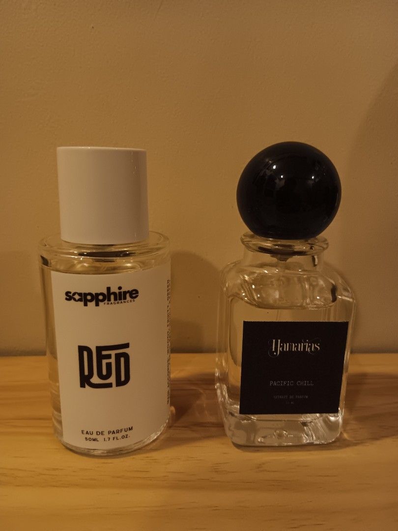 Jamarias Pacific Chill & Sapphire RED Eau de Parfum (Category: Fragrance & Deodorants) located in Manila. Submitted by declutteraf (Listing ID 1456436730, Image 1). Description: Lacoste Red (Sapphire): Fresh Apple scent Pacific Chill (Jamarias): Citrus and mint, perfect for everyday bundle for 400 pesos (negotiable) also selling enzo scent adg, hemera nox decant (listing on my profile), all for 700 and freebie of victor hugo boss rfs: too many pe