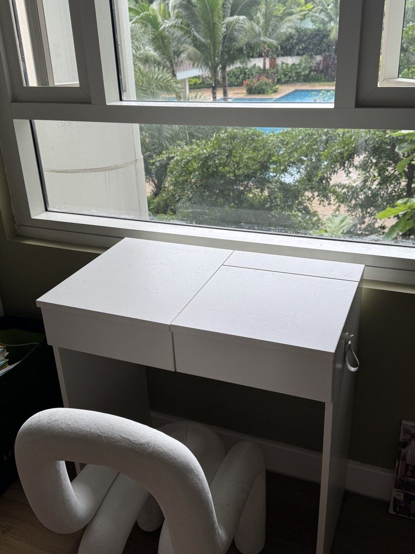 IKEA Brimnes Dressing Table (Category: Tables & Sets) located in Quezon City. Submitted by mnqfinds (Listing ID 1456452313, Image 3). Description: 70x42 cm Used. There are a few scratches/signs of usage on top of the desk. All compartments are still working. With bag hook on the side. .