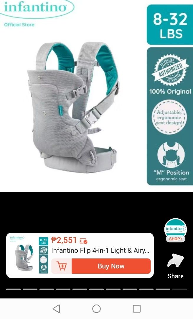 Infantino Baby Carrier (Category: Carriers & Slings) located in Makati City. Submitted by jayclutter0976004 (Listing ID 1450370637, Image 2). Description: - Gently used grey and teal baby carrier - Breathable mesh material - Adjustable straps for a comfortable fit - Multiple carrying positions - Ideal for hands-free carrying.