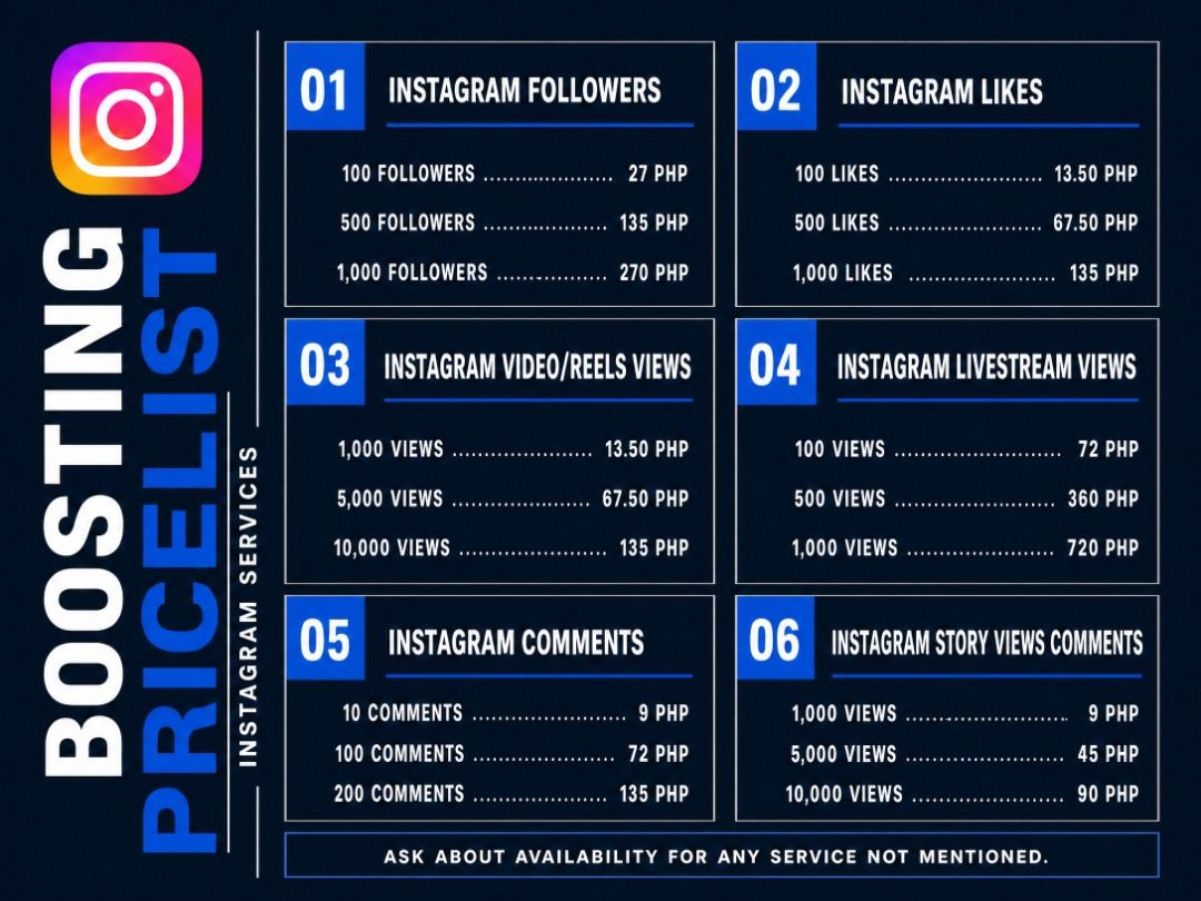 Instagram Boosting Services – Followers, Likes, Views (Cheap & Fast) (Category: Everything Else Others) located in Makati City. Submitted by lucentco (Listing ID 1456450992, Image 1). Description: 🚀 INSTAGRAM BOOSTING SERVICES Level up your IG with real engagement at great prices! ✅ Followers – 100/₱27, 500/₱135, 1K/₱270 ✅ Likes – 100/₱13.50, 500/₱67.50, 1K/₱135 ✅ Video/Reels Views – 1K/₱13.50, 5K/₱67.50, 10K/₱135 ✅ Livestream Views – 100/₱72, 5