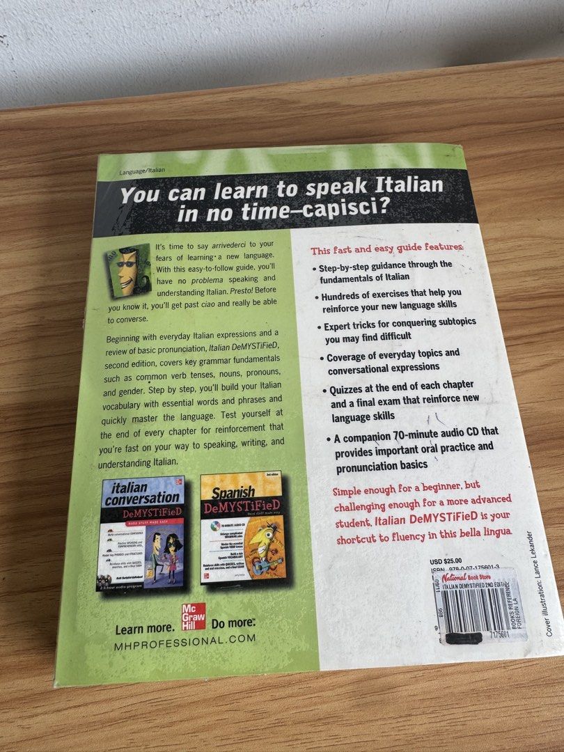 Italian DeMYSTiFieD 2nd Edition Book with Audio CD (Category: Textbooks) located in Makati City. Submitted by vanammryrose (Listing ID 1456441175, Image 2). Description: - Learn to speak Italian with this comprehensive guide. - Covers essential grammar rules and vocabulary. - Includes quizzes and exercises to reinforce learning. - Comes with a 70-minute audio CD for pronunciation practice. - Ideal for beginners or those looking to refresh their I