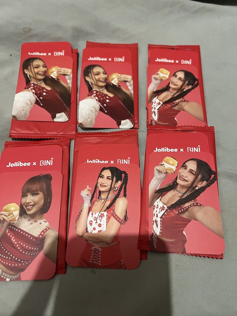 Jollibee X BINI V1 Photocards (Category: Raw Singles) located in Paranaque City. Submitted by ekkostarfall.12902 (Listing ID 1456600643, Image 1). Description: - V1 photocards - opened only - Gwen burger, Colet burger, Sheena burger, Stacy burger, Sheena heart - Each: 150 Take all: 80 MOP: Maya, Bank Transfer SF shouldered by buyer Parañaque.