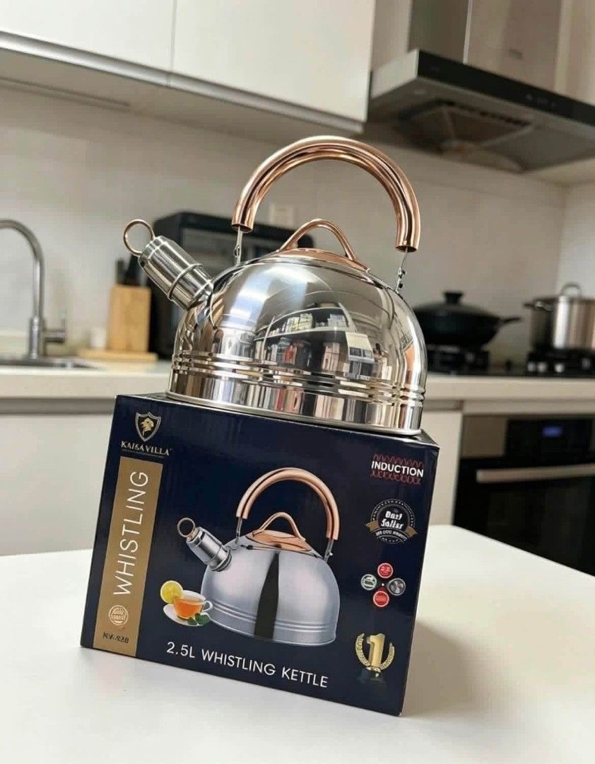 Kaisa Villa 2.5L Whistling Kettle Induction Compatible (Category: Cookware & Accessories) located in Manila. Submitted by chaionlineshop (Listing ID 1456514401, Image 1). Description: - Kaisa Villa 2.5L Whistling Kettle - Compatible with induction cooktops - Loud whistle signals when water is boiling - Elegant rose gold handle detail - Comes in original packaging - Ideal for everyday kitchen use.