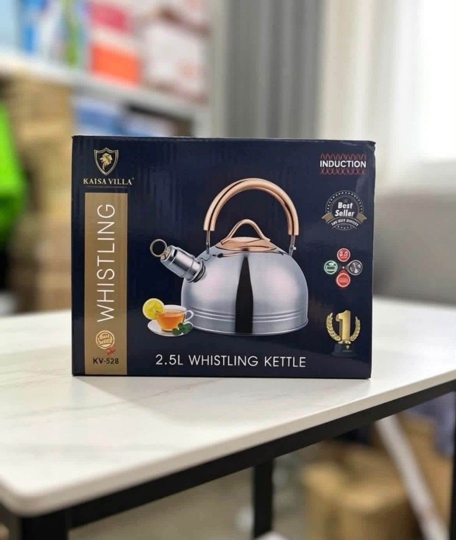 Kaisa Villa 2.5L Whistling Kettle Induction Compatible (Category: Cookware & Accessories) located in Manila. Submitted by chaionlineshop (Listing ID 1456514401, Image 2). Description: - Kaisa Villa 2.5L Whistling Kettle - Compatible with induction cooktops - Loud whistle signals when water is boiling - Elegant rose gold handle detail - Comes in original packaging - Ideal for everyday kitchen use.