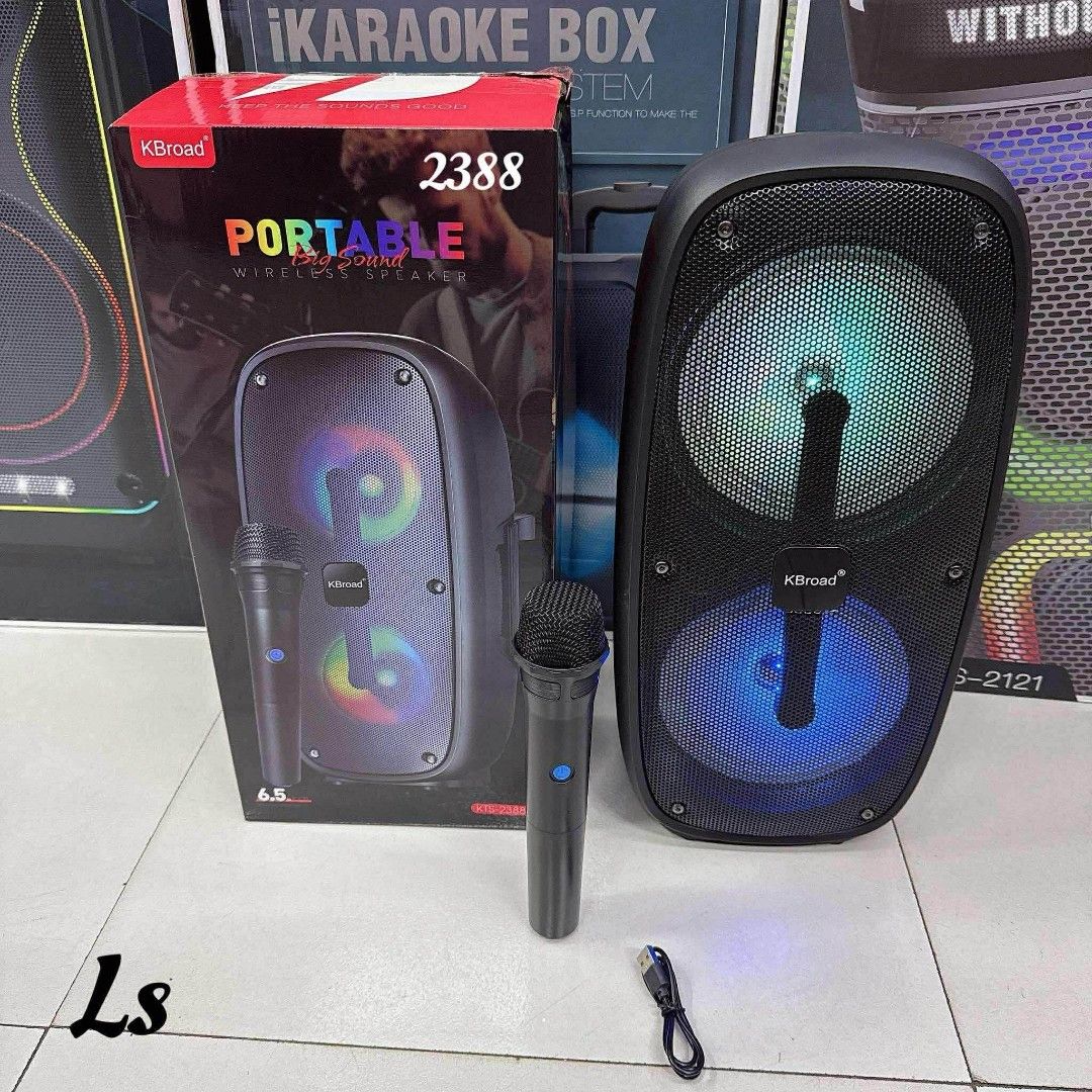 KBroad KTS-2388 Portable Wireless Speaker with Microphone (Category: Soundbars, Speakers & Amplifiers) located in Manila. Submitted by chaionlineshop (Listing ID 1456505528, Image 1). Description: - Portable wireless speaker with RGB flash light - Includes wireless microphone - Perfect for karaoke and parties - Supports Bluetooth, USB, TF card, and FM Radio - Powerful 6.5-inch speaker for big sound - Built-in handle for easy carrying - USB chargi