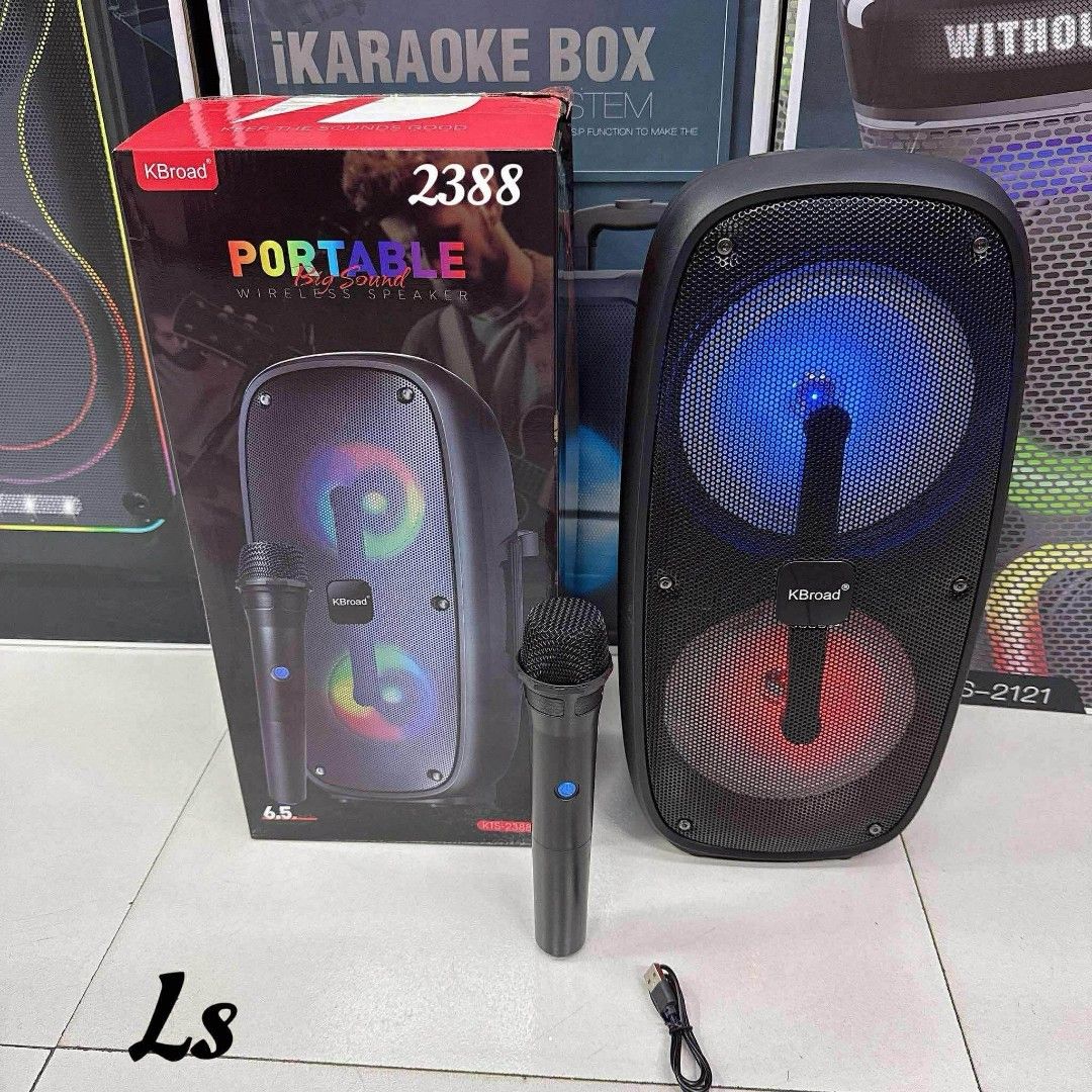 KBroad KTS-2388 Portable Wireless Speaker with Microphone (Category: Soundbars, Speakers & Amplifiers) located in Manila. Submitted by chaionlineshop (Listing ID 1456505528, Image 2). Description: - Portable wireless speaker with RGB flash light - Includes wireless microphone - Perfect for karaoke and parties - Supports Bluetooth, USB, TF card, and FM Radio - Powerful 6.5-inch speaker for big sound - Built-in handle for easy carrying - USB chargi