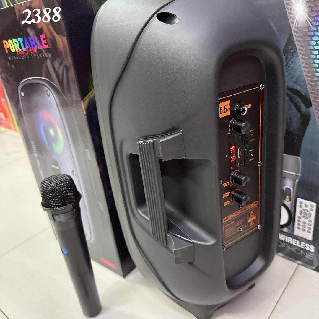 KBroad KTS-2388 Portable Wireless Speaker with Microphone (Category: Soundbars, Speakers & Amplifiers) located in Manila. Submitted by chaionlineshop (Listing ID 1456505528, Image 3). Description: - Portable wireless speaker with RGB flash light - Includes wireless microphone - Perfect for karaoke and parties - Supports Bluetooth, USB, TF card, and FM Radio - Powerful 6.5-inch speaker for big sound - Built-in handle for easy carrying - USB chargi