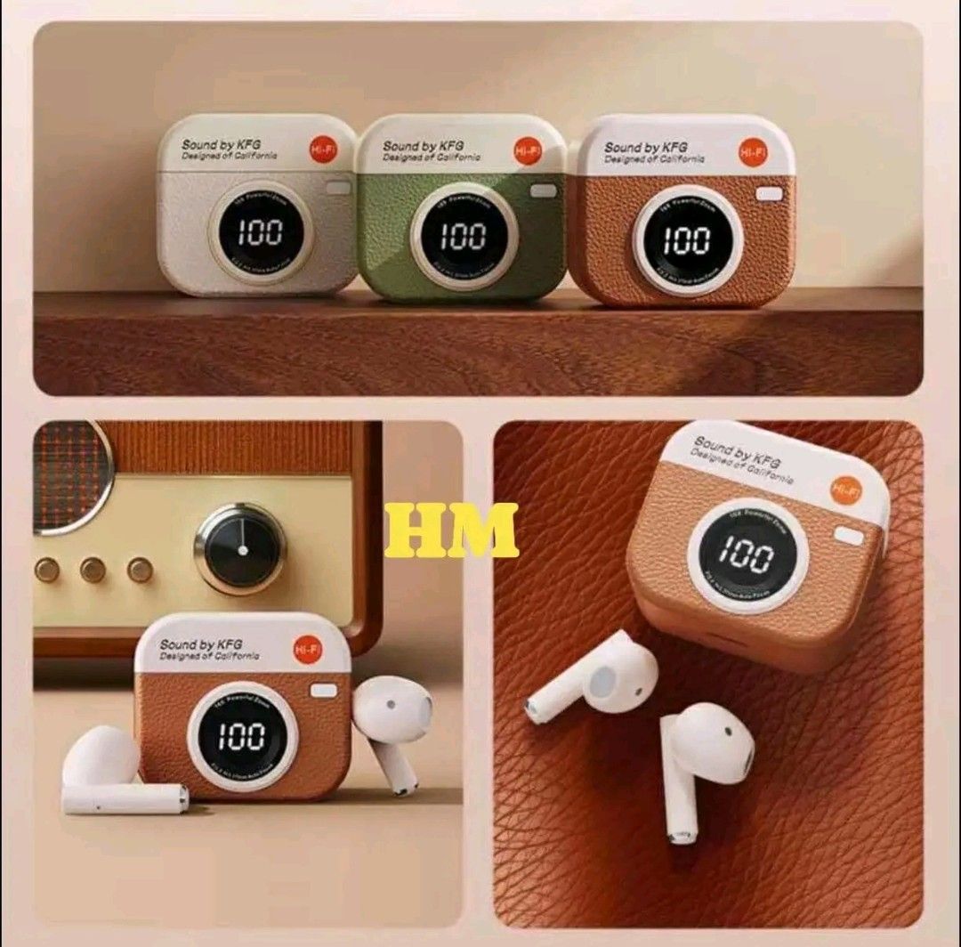 KFG Camera Design Wireless Bluetooth Earbuds (Category: Earphones) located in Manila. Submitted by marvieobordo (Listing ID 1456440633, Image 2). Description: - Cute camera-shaped wireless earbuds - Sound by KFG, designed in California - Available in brown, white, and green - 16x powerful zoom and auto-focus - -Fi sound quality - Comfortable design for long wear.
