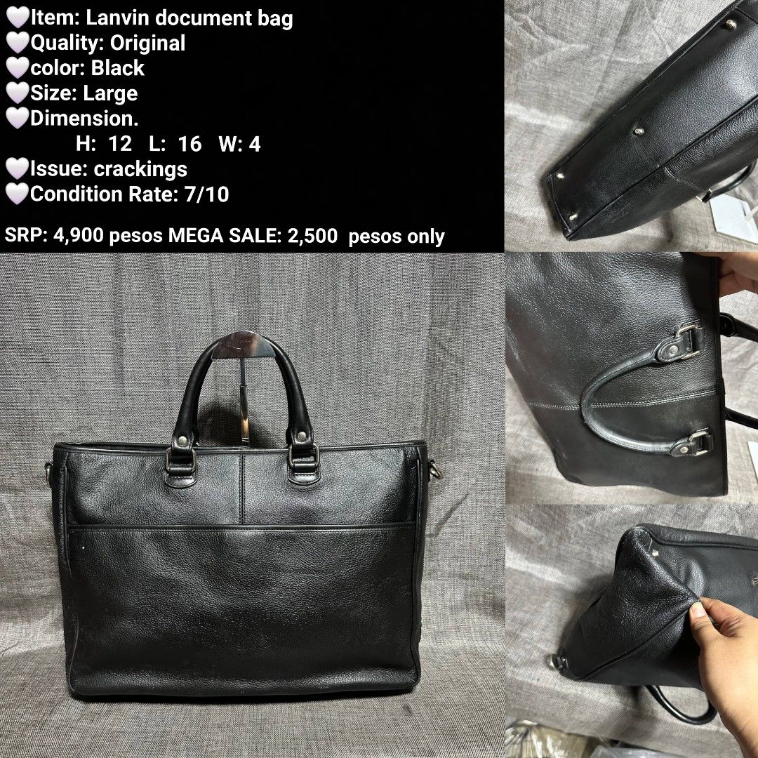 Lanvin Original Black Leather Large Document Bag (Category: Briefcases) located in Manila. Submitted by almonddy26 (Listing ID 1456594805, Image 1). Description: - Lanvin document bag - Color: Black - Material: Leather - Size: Large - Dimensions: H: 12, L: 16, W: 4 - Condition: 7/10 (some crackings) - Original SRP: P4,900 - Selling Price: P2,500.