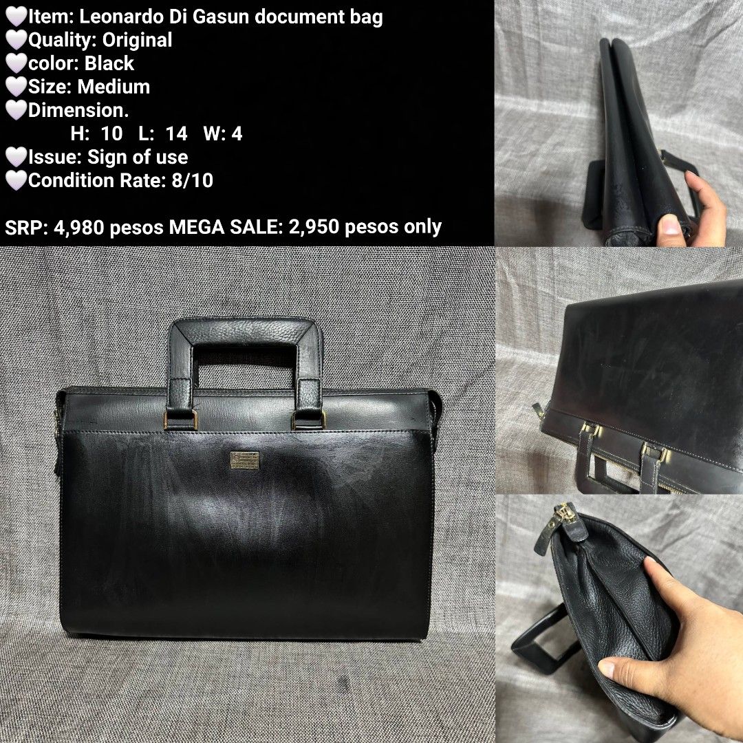 Leonardo Di Gasun Original Black Leather Document Bag Medium (Category: Briefcases) located in Manila. Submitted by almonddy26 (Listing ID 1456594848, Image 1). Description: - Original Leonardo Di Gasun document bag - Material: Black Leather - Size: Medium - Dimensions: H: 10, L: 14, W: 4 - Condition: 8/10 (minor signs of use) - Original Price: ₱4,980 - MEGA SALE Price: ₱2,950.