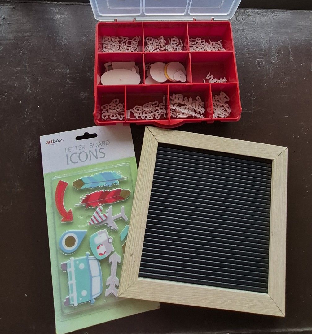 Letter board with accessories (Category: Craft Supplies & Tools) located in Caloocan City. Submitted by celonessentials (Listing ID 1456514787, Image 2). Description: Set of Letter board with letters, accessories, unopened designs and organizer. Used once only.
