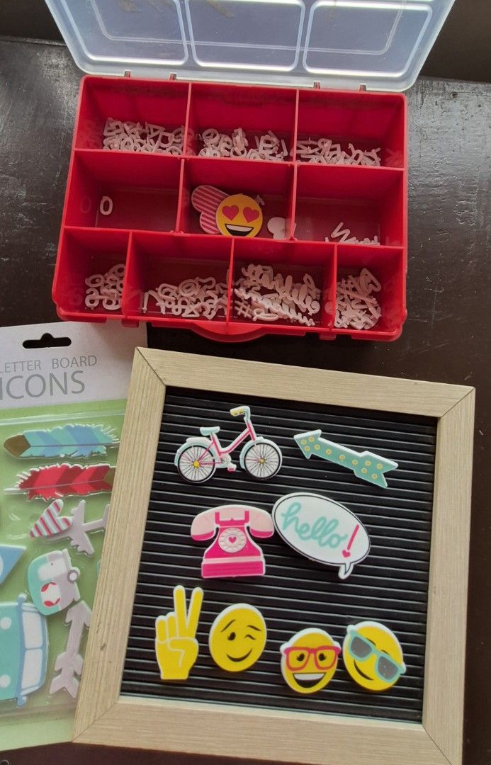 Letter board with accessories (Category: Craft Supplies & Tools) located in Caloocan City. Submitted by celonessentials (Listing ID 1456514787, Image 1). Description: Set of Letter board with letters, accessories, unopened designs and organizer. Used once only.