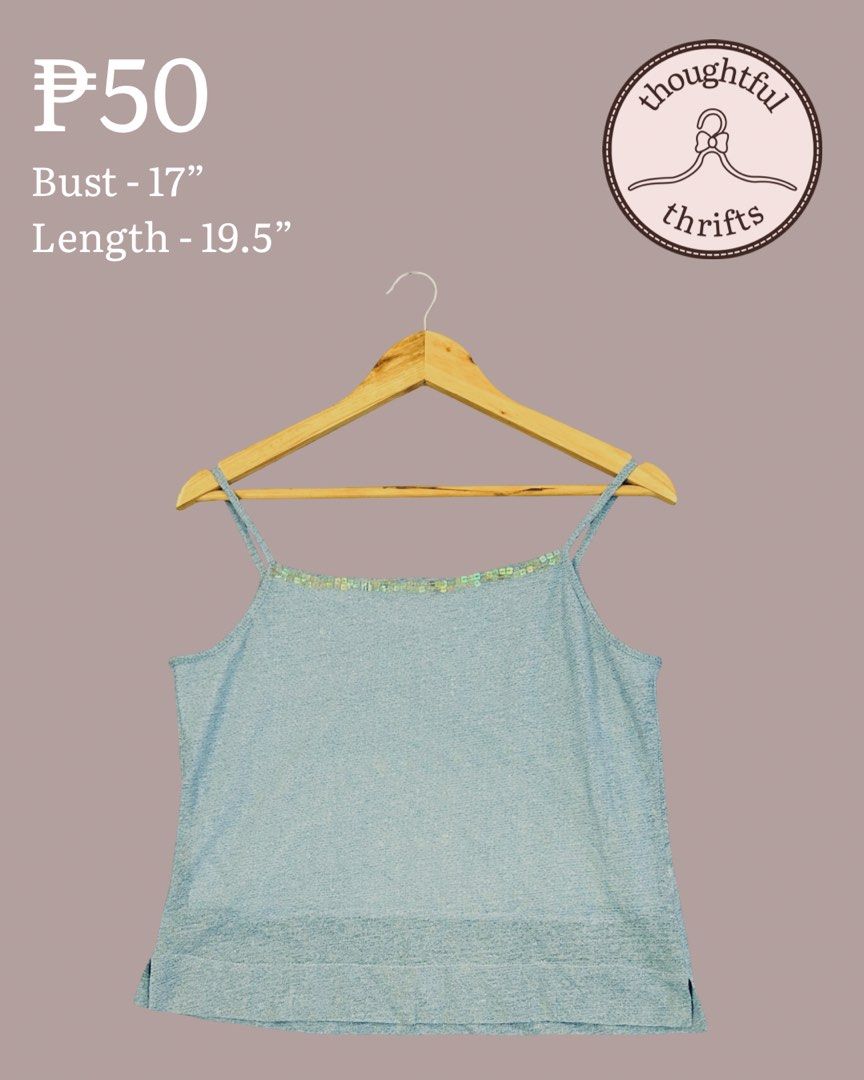 Light Blue Sparkly Strap Tank Top (Category: Sleeveless) located in Cavite. Submitted by savingjenna (Listing ID 1456426701, Image 1). Description: - Cute light blue tank top - Features sparkly details along the straps - Measurements: Bust 17 inches, Length 19.5 inches - Versatile: Great for layering or wearing on its own - Simple and comfortable design.
