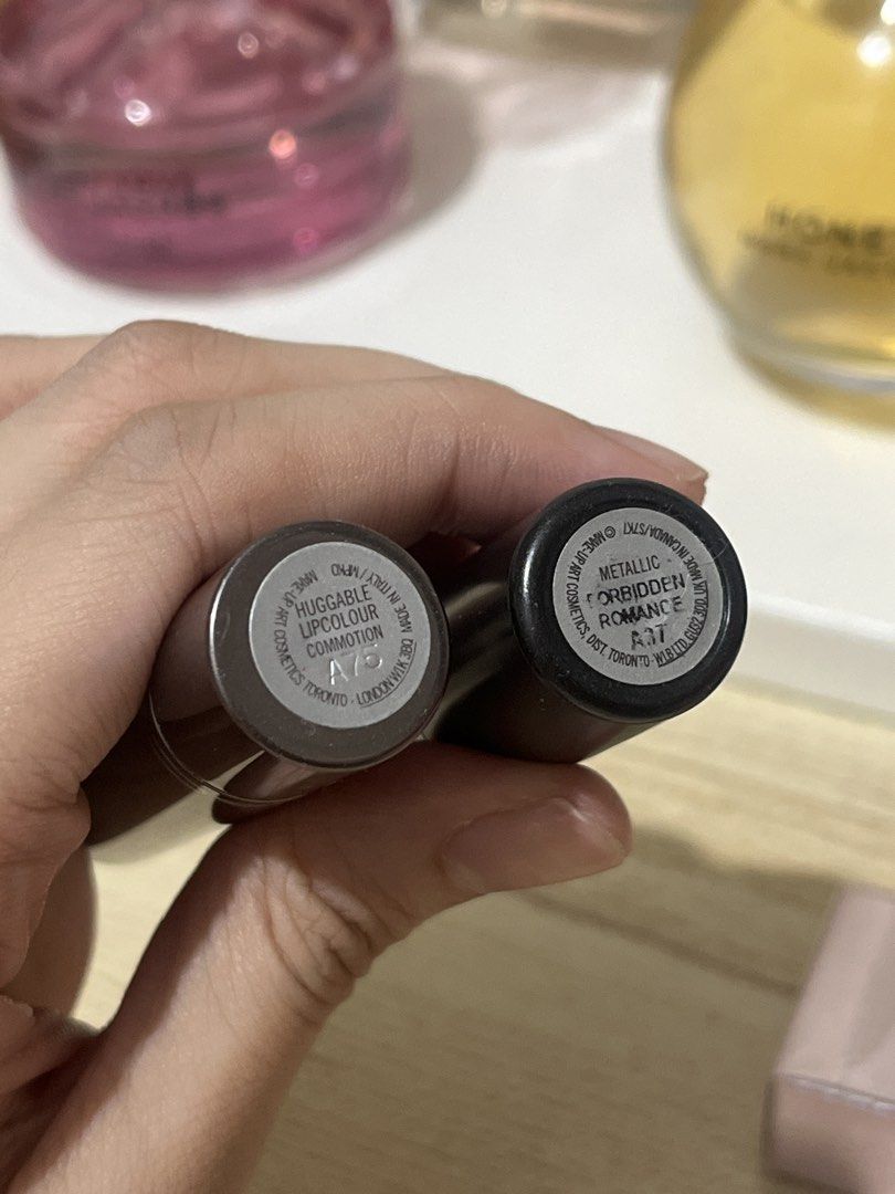 MAC Lipstick Huggable & Metallic Forbidden Romance (Category: Makeup) located in Las Pinas. Submitted by kansai404 (Listing ID 1456595413, Image 2). Description: - Set of 2 MAC Lipsticks - Includes: MAC Huggable Lipcolour in 'Commotion' and Metallic Lipstick in 'Forbidden Romance' - Both items have been used - Selling as a set.