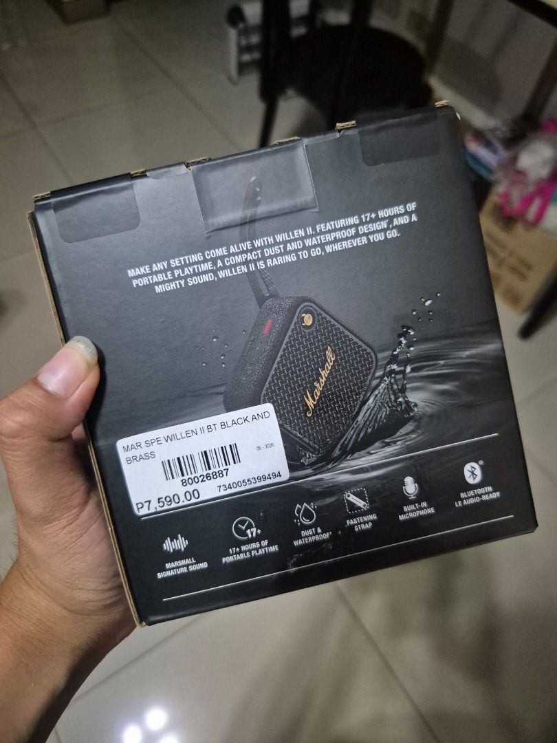 Marshall Willen II Portable Bluetooth Speaker - Black & Brass (Category: Soundbars, Speakers & Amplifiers) located in Manila. Submitted by jayveecatu14021 (Listing ID 1456476457, Image 3). Description: - Marshall Willen II Portable Speaker - Color: Black and Brass - Dust and Waterproof Design - 17+ Hours of Playtime - Bluetooth Connectivity - Built-in Microphone - Includes Fastening Strap - Ideal for On-the-Go Listening.