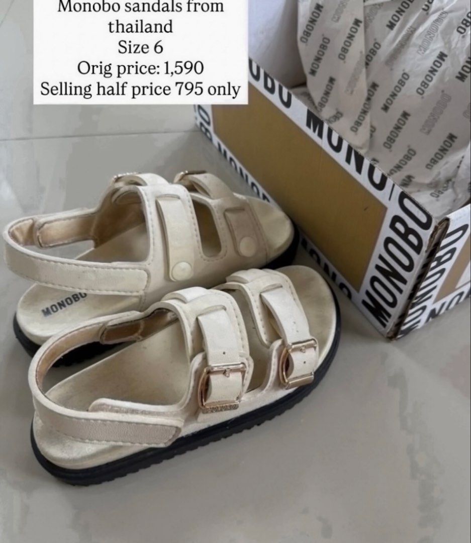 Monobo Sandals from Thailand - Size 6 (Category: Flats & Sandals) located in Batangas. Submitted by gaprelovedthings (Listing ID 1456554558, Image 1). Description: - Authentic Monobo sandals from Thailand - Size: 6 - Color: Neutral cream with elegant gold buckle details - Original price: ₱1,590 - Selling price: ₱795 (50% off!) - Includes original box - Ideal for everyday wear.