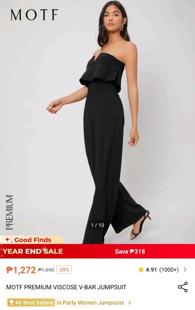 MOTF Premium Viscose V-Bar Jumpsuit Black (Category: Jumpsuits) located in Cavite. Submitted by frombellas (Listing ID 1456579185, Image 2). Description: - Brand: MOTF - Style: Black strapless jumpsuit - Features: V-bar neckline with ruffled overlay, wide leg pants - Material: Premium viscose - Occasion: Ideal for parties or formal events.