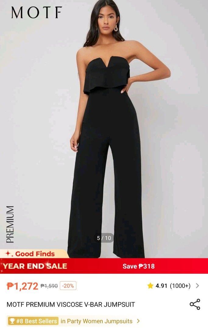 MOTF Premium Viscose V-Bar Jumpsuit Black (Category: Jumpsuits) located in Cavite. Submitted by frombellas (Listing ID 1456579185, Image 1). Description: - Brand: MOTF - Style: Black strapless jumpsuit - Features: V-bar neckline with ruffled overlay, wide leg pants - Material: Premium viscose - Occasion: Ideal for parties or formal events.