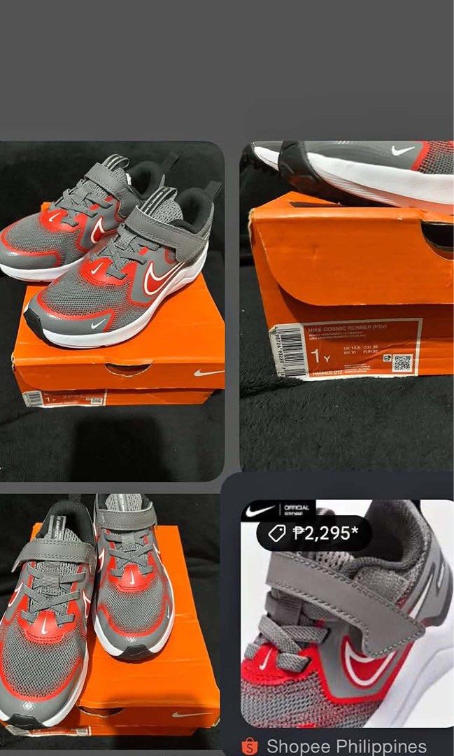 Nike Cosmic Runner PSV Toddler Shoes (20cm) (Category: Babies & Kids Fashion) located in Manila. Submitted by kiyanna.preloved (Listing ID 1456565725, Image 1). Description: - Brand new Nike Cosmic Runner shoes - Size: 1Y (equivalent to 20cm) - Reason for selling: Too small for child - Price: 1300 pesos - Includes original box - Ideal for active kids.