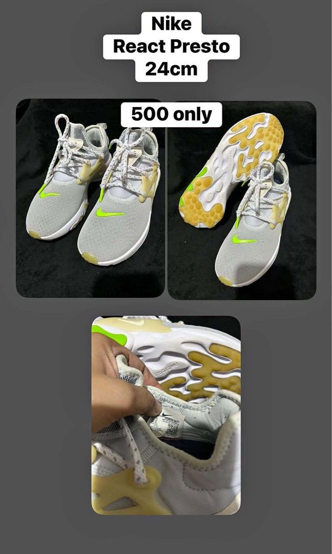 Nike React Presto 24cm (Category: Sneakers) located in Manila. Submitted by kiyanna.preloved (Listing ID 1456591423, Image 1). Description: - Nike React Presto - Size: 24cm - Color: Grey with neon green and yellow accents - Perfect for running or casual wear - Price: P500.