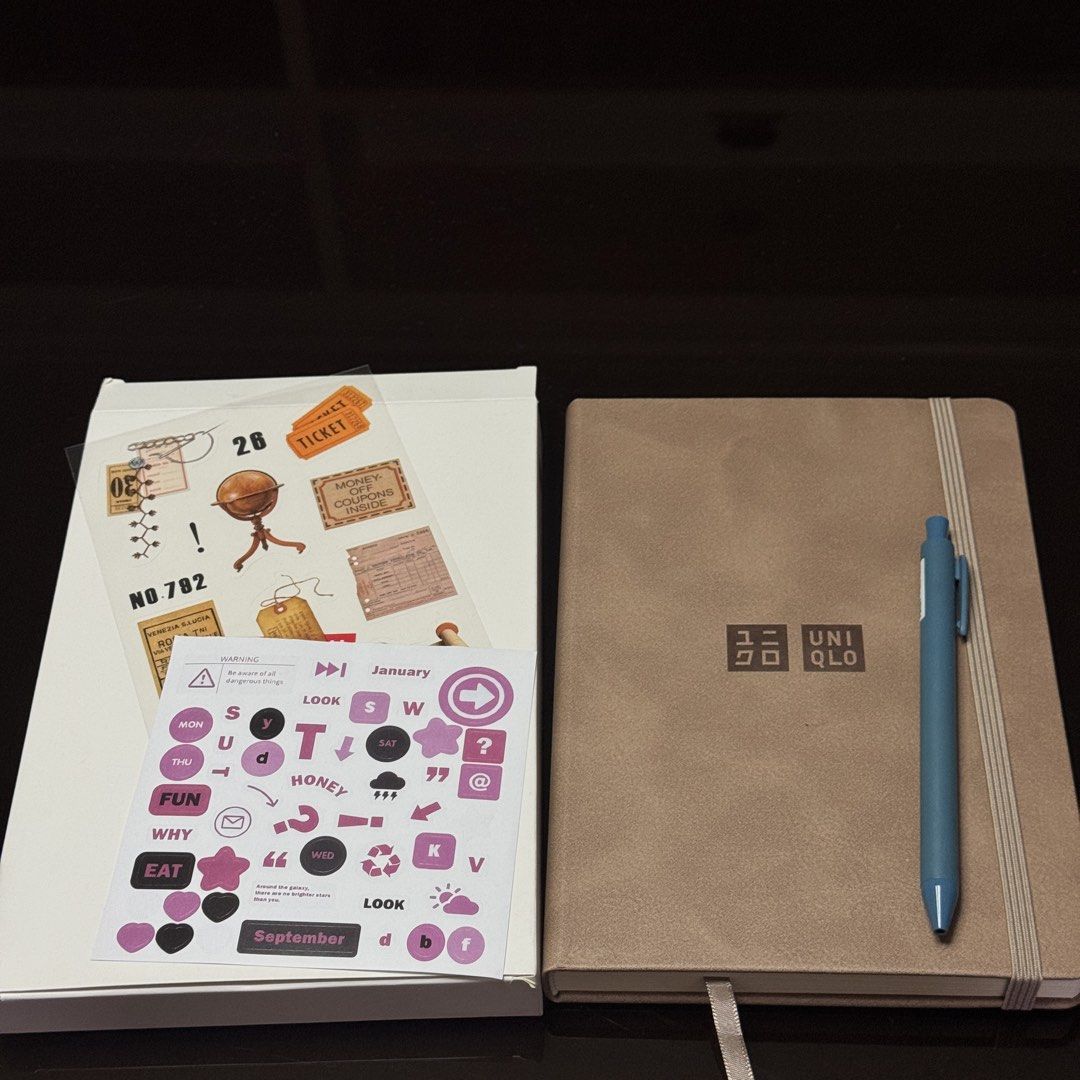 No date A5 Weekly Planner with sticker Set (Category: Stationery & School Supplies) located in Manila. Submitted by pure_declutterme (Listing ID 1456487723, Image 1). Description: I have 3 sets of Undated A5 Planner Perfect For: Journaling, scrapbooking, daily planning, or as a unique gift for stationery lovers and Uniqlo fans. What’s Included in Each Set: •1 Premium Uniqlo debossed notebook (beige/tan faux leather cover with elastic closure band