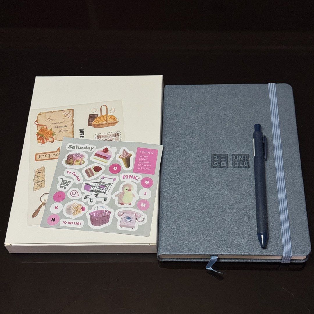 No date A5 Weekly Planner with sticker Set (Category: Stationery & School Supplies) located in Manila. Submitted by pure_declutterme (Listing ID 1456487723, Image 3). Description: I have 3 sets of Undated A5 Planner Perfect For: Journaling, scrapbooking, daily planning, or as a unique gift for stationery lovers and Uniqlo fans. What’s Included in Each Set: •1 Premium Uniqlo debossed notebook (beige/tan faux leather cover with elastic closure band