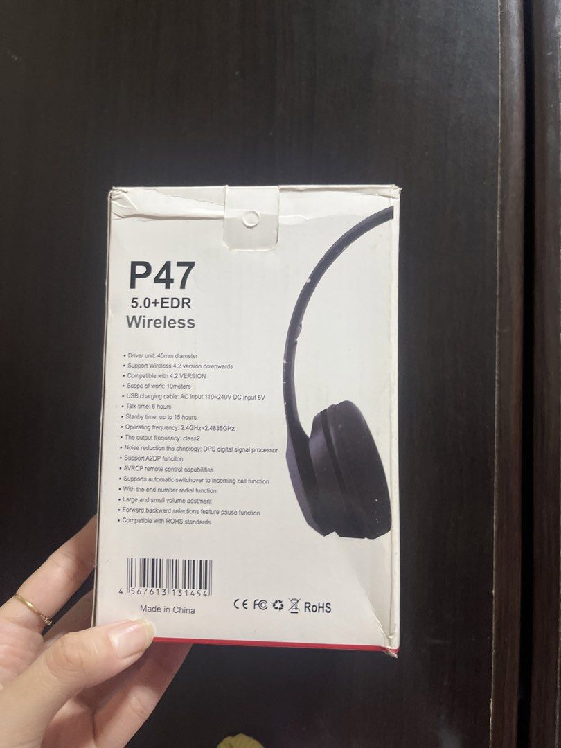 P47 Wireless Bluetooth 5.0+EDR Headphones (Category: Headphones & Headsets) located in Manila. Submitted by shoppinggems (Listing ID 1456493398, Image 3). Description: - P47 Wireless Headphones - Bluetooth 5.0+EDR (backward compatible) - 40mm driver unit - Up to 15 hours battery life - Noise reduction technology - Built-in microphone and remote control - Automatic incoming call switchover - Includes USB charging cable.