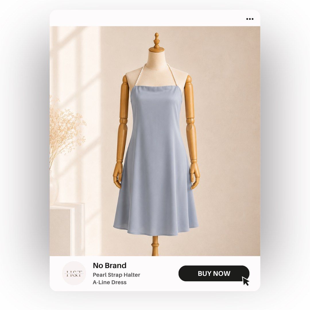 Pearl Strap Halter A-Line Dress | Size: Medium (Category: Dresses) located in Cavite. Submitted by heirlooms_and_treasures (Listing ID 1454388947, Image 1). Description: Size: Medium on tag Color: Dusty Blue / Light Blue Pattern: Solid Plain ✨ Make a chic and sophisticated statement at any event with this elegant dusty blue dress featuring a luxurious pearl-beaded halter strap. - Elegant neckline paired with a delicate faux-pearl halter strap - F