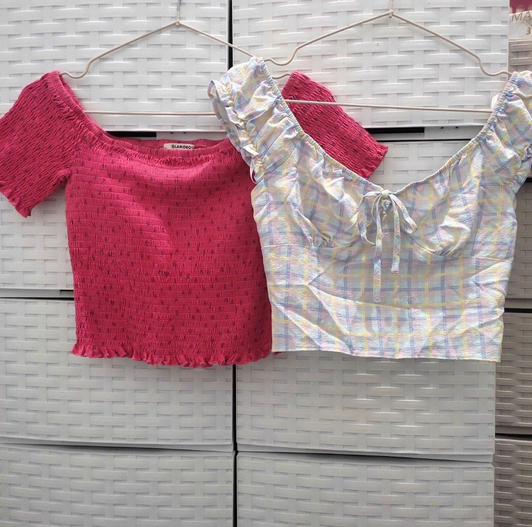 Pretty little thing & Glamorous smocked tops (Category: Blouses) located in Quezon City. Submitted by wornthisway_ (Listing ID 1456470599, Image 1). Description: best fit to medium frame used once rfs decluttering.