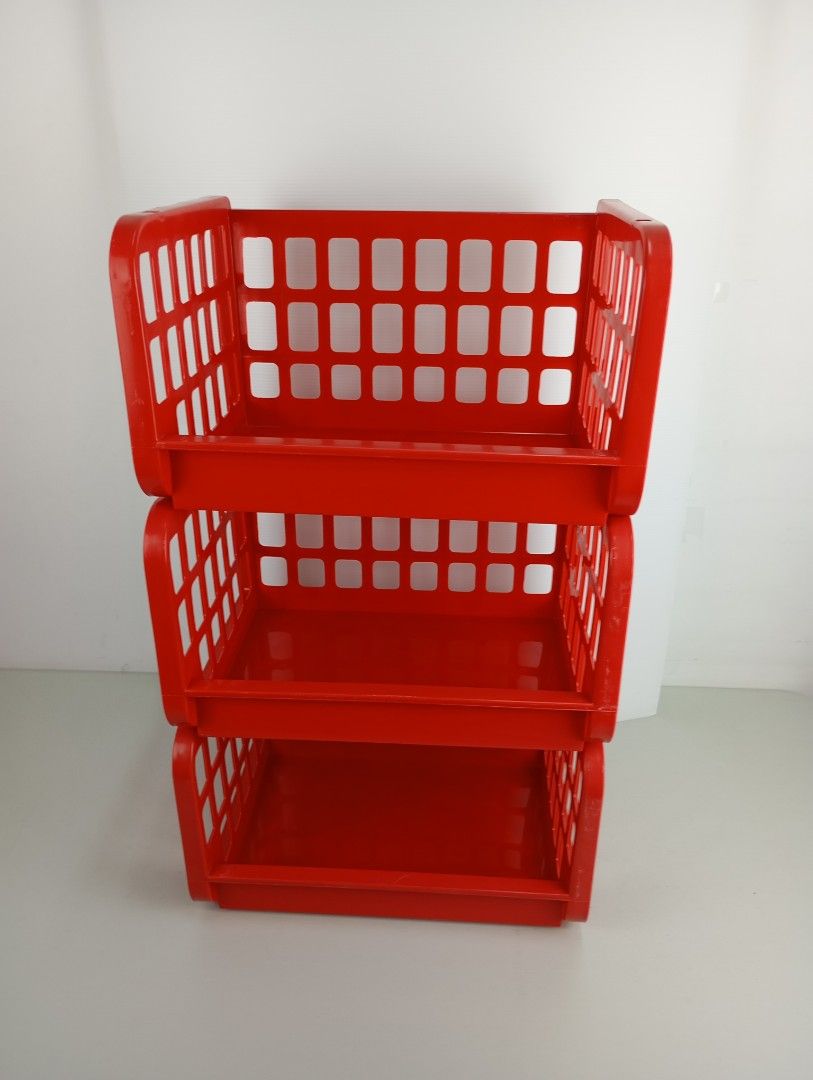 Red stackable Baskets (Category: Storage Boxes & Baskets) located in Singapore. Submitted by hello_welcome369 (Listing ID 1456552519, Image 3). Description: - Vibrant red color - Stackable design for space efficiency - Sturdy construction - Ideal for various storage needs (kitchen, study, toys, etc.) 1 piece for $2 2 pieces for $3 3 pieces for $4 .
