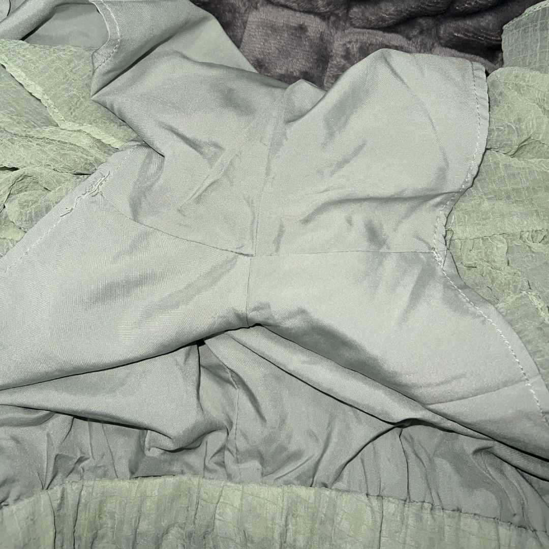 Fairycore Sage Green Tiered Ruffle Mini Skirt (Category: Skirts) located in Pasig City. Submitted by sqfund (Listing ID 1456475676, Image 3). Description: ✨Good condition✨ No brand. Purchased from a live seller - Sage green mini skirt - Tiered ruffle design - Textured crinkle fabric - Comfortable elastic waistband - Fully lined ____________________________________________________________________ MOP: GCash / BDO Open to reasonable offers for bund