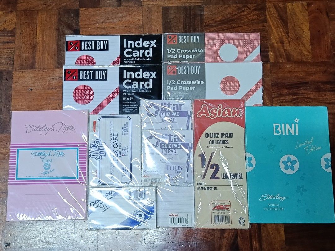 [SET] School Pad Papers Index Card Notebook Bundle (Category: Stationery & School Supplies) located in Manila. Submitted by cydle (Listing ID 1456491206, Image 2). Description: ‼️ ESTIMATED ₱450 TOTAL VALUE, 250 FIRM LP TAKE ALL ‼️ Inclusions: > 1 Bini Quotes Blind Spiral Notebook > 5 Cattleya Filler Notebook **Not exact amount** > ~280 leaves 1/2 Crosswise > ~160 leaves 1/2 Lengthwise > ~160 leaves 1/4 Pad Paper > ~100 pieces 5" x 8" Index Card 