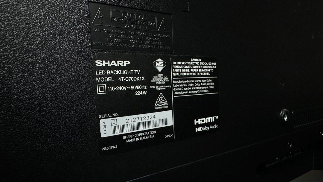 SHARP 70” ANDROID TV (Category: TV) located in Kuching. Submitted by youngcrystal.e25902 (Listing ID 1456448613, Image 3). Description: Android 4K UHD 70 inch 3x HDMI,1x USB & 1x SDI port Perfect Condition Moving house sale. First come,first serve basis. Nego Pickup .