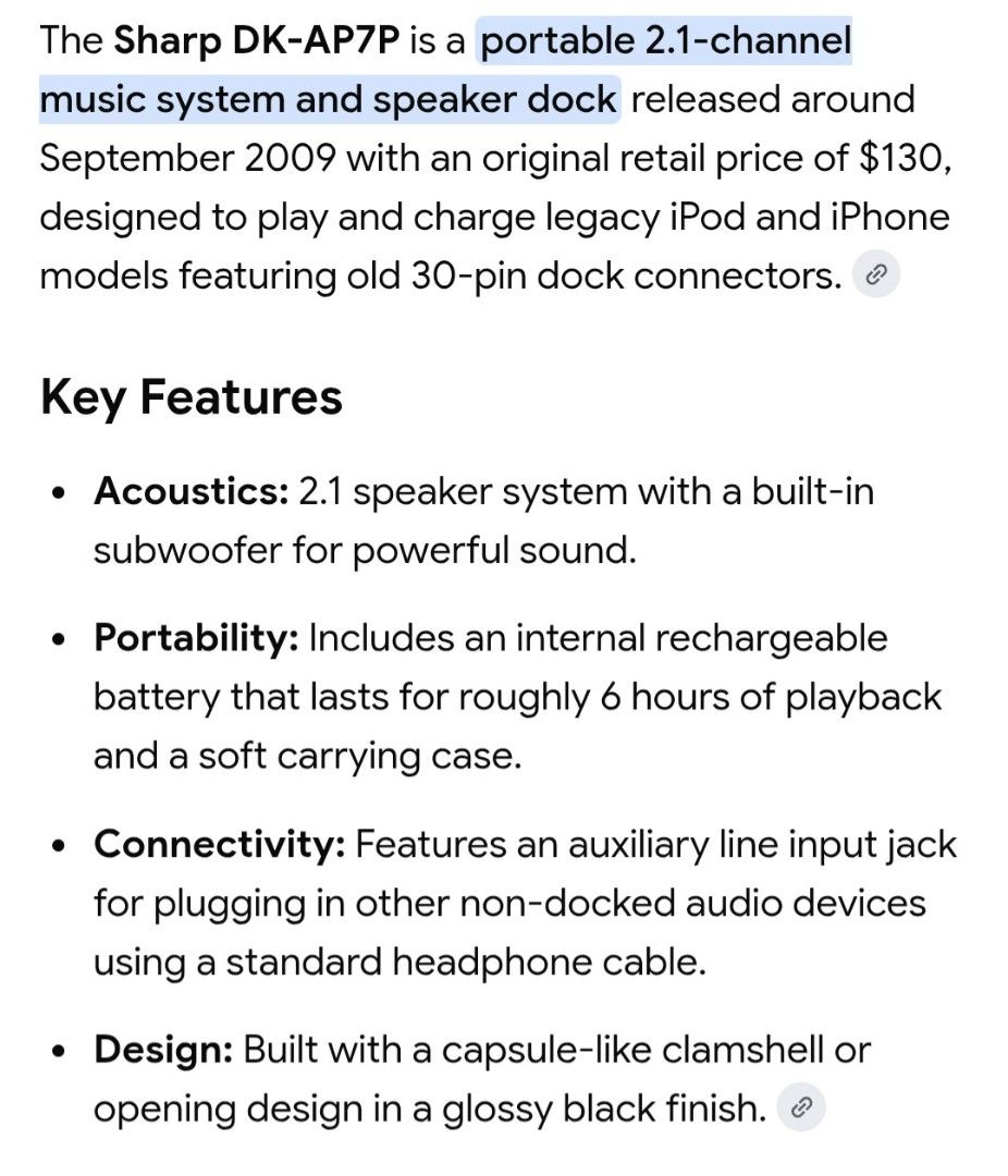 Sharp Music System (Category: Soundbars, Speakers & Amplifiers) located in Rizal. Submitted by geniustito65 (Listing ID 1456524615, Image 2). Description: - Brand: Sharp - Model: DK-AP7P - Type: 2.1 Speaker System with built-in subwoofer - Design: Glossy black, portable clamshell design - Compatibility: Primarily for older iPod/iPhone models with 30-pin connector (adapters may be needed for newer devices) - Features: Auxiliary line input for othe