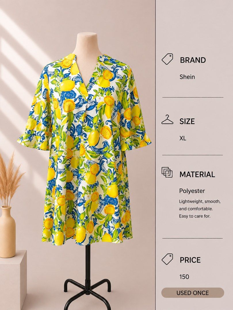Shein Lemon Print Dress XL (Category: Dresses) located in San Fernando. Submitted by patrishdg (Listing ID 1456427116, Image 1). Description: - Cute lemon print dress from Shein - Size XL - Made of lightweight and comfortable polyester - Easy to care for - Worn only once.