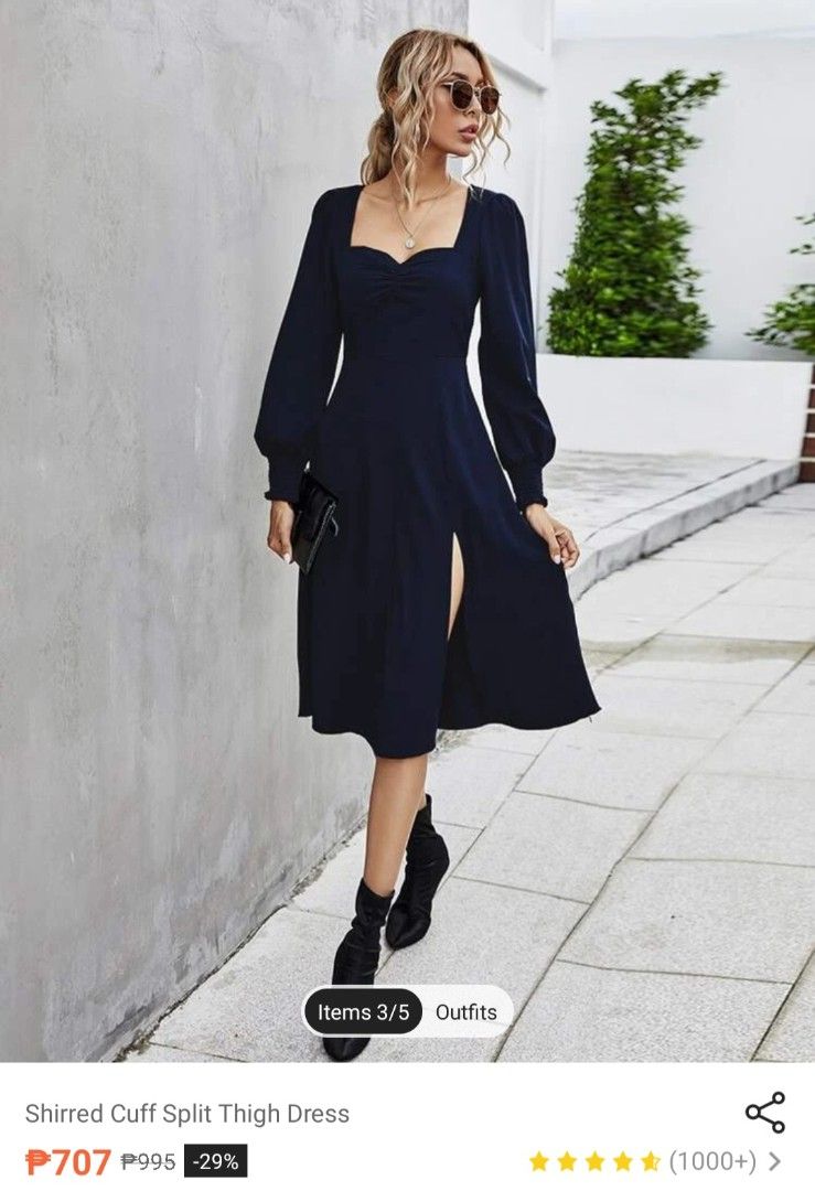 SHEIN Navy Blue Shirred Cuff Split Thigh Dress (Category: Dresses) located in Cavite. Submitted by frombellas (Listing ID 1456580057, Image 1). Description: - Navy blue midi dress - Sweetheart neckline with ruched bust - Long puff sleeves with shirred cuffs - High thigh split - Back zipper closure - Ideal for night outs or special occasions.