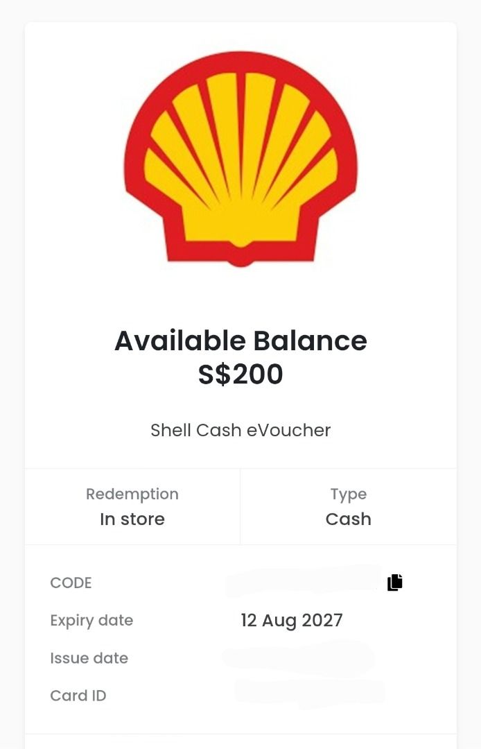 Shells E-Voucher (Category: Vouchers) located in Singapore. Submitted by aloysiousliaw (Listing ID 1456445750, Image 2). Description: - Selling Shell $200 fuel e-vouchers - Each voucher worth $10 for fuel - Expiry date: 12th Aug 2027 - Perfect for saving money on your next petrol top-up Current Stock : $200 Looking to sell for $170 ( Strictly for fuel only ).