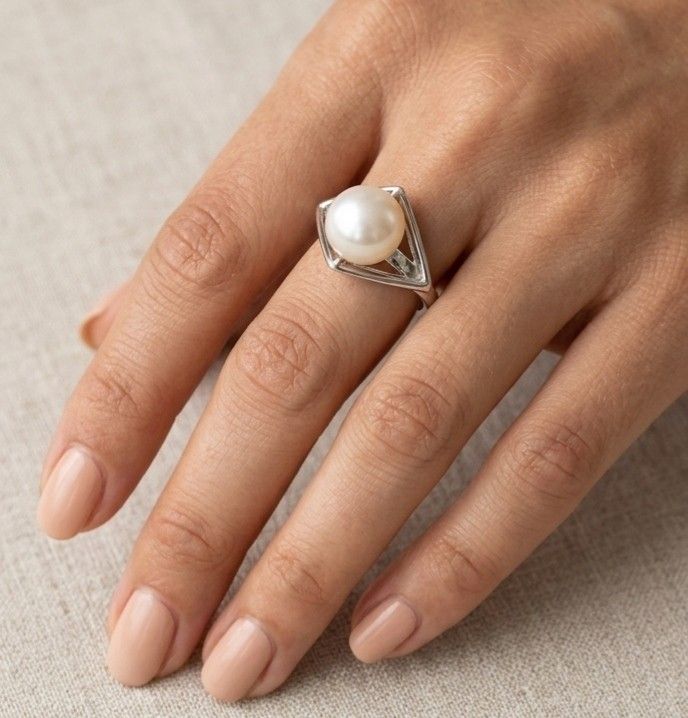 Silver Tone Ring with Single Pearl (Category: Rings) located in Paranaque City. Submitted by decluttering-all (Listing ID 1453551561, Image 1). Description: - Silver tone ring, not sure if stainless or silver - Features a single, creamy white pearl with a subtle sheen - Unique geometric band design - A unique addition to any jewelry collection - the silver part has dark mark on photo - the ring itself is generally smooth p650 only not sure if aut