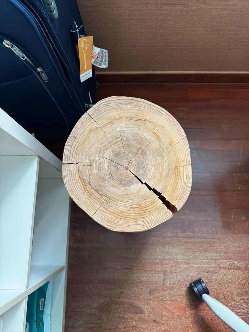 Solid Wood Log Stool / Side Table (Category: Tables & Sets) located in Singapore. Submitted by alinesardi12183 (Listing ID 1456528276, Image 3). Description: - Unique solid wood stool - Features natural wood grain and texture - Versatile: use as a side table or extra seating - Adds a rustic touch to any home decor - Dimensions: Approximately 18 inches tall, 14 inches in diameter - Note: Some natural cracks present on the top surface.
