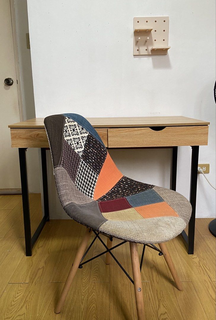 Study desk and mid-century chair (Category: Tables & Sets) located in Makati City. Submitted by http_myg_ (Listing ID 1456505773, Image 2). Description: Selling my study desk and mid-century chair w/ upholstery Bought both in 2022 Set: 1,500 Desk dimensions Height: 70.5 cm Length: 50.2 cm Width: 100 cm Flaws (see photos) -Right drawer does not totally close but still works -Right drawer underside has hole but temporarily covered with paper. May o