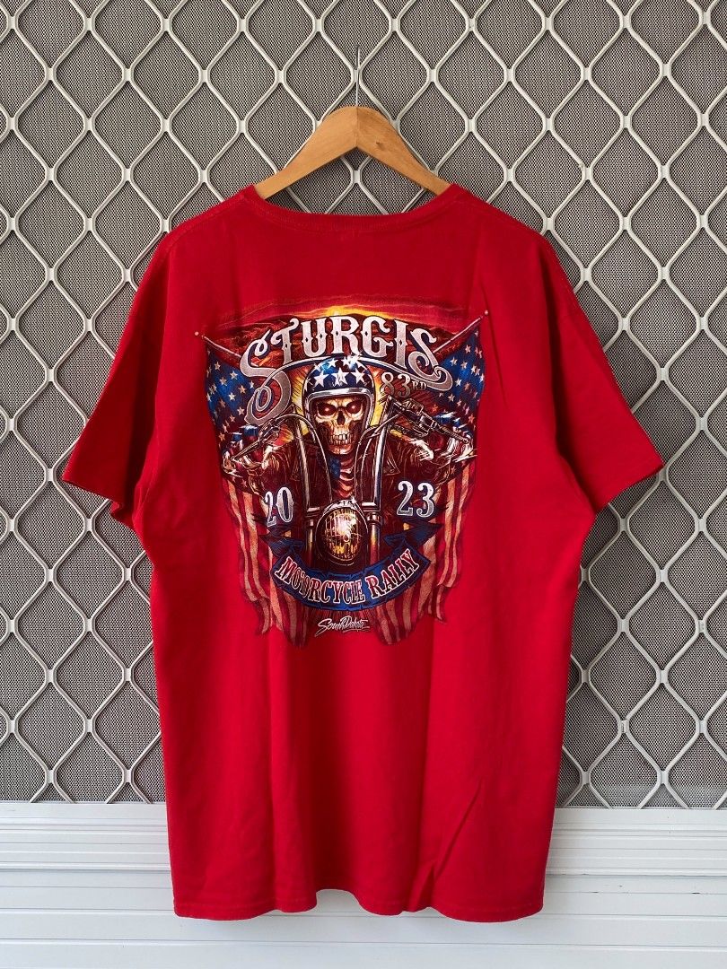 Sturgis Tee (Red) (Category: Tshirts & Polo Shirts ) located in General Natividad. Submitted by jaygo02 (Listing ID 1456427105, Image 1). Description: fits XL 23 x 29 Color rate: 9/10 Issue/s: Unnoticeable stains & pinhole (check the last 3 pictures) 📍Nueva Ecija 📌washed 📌color may vary due to lighting 📌shipping via jnt express.