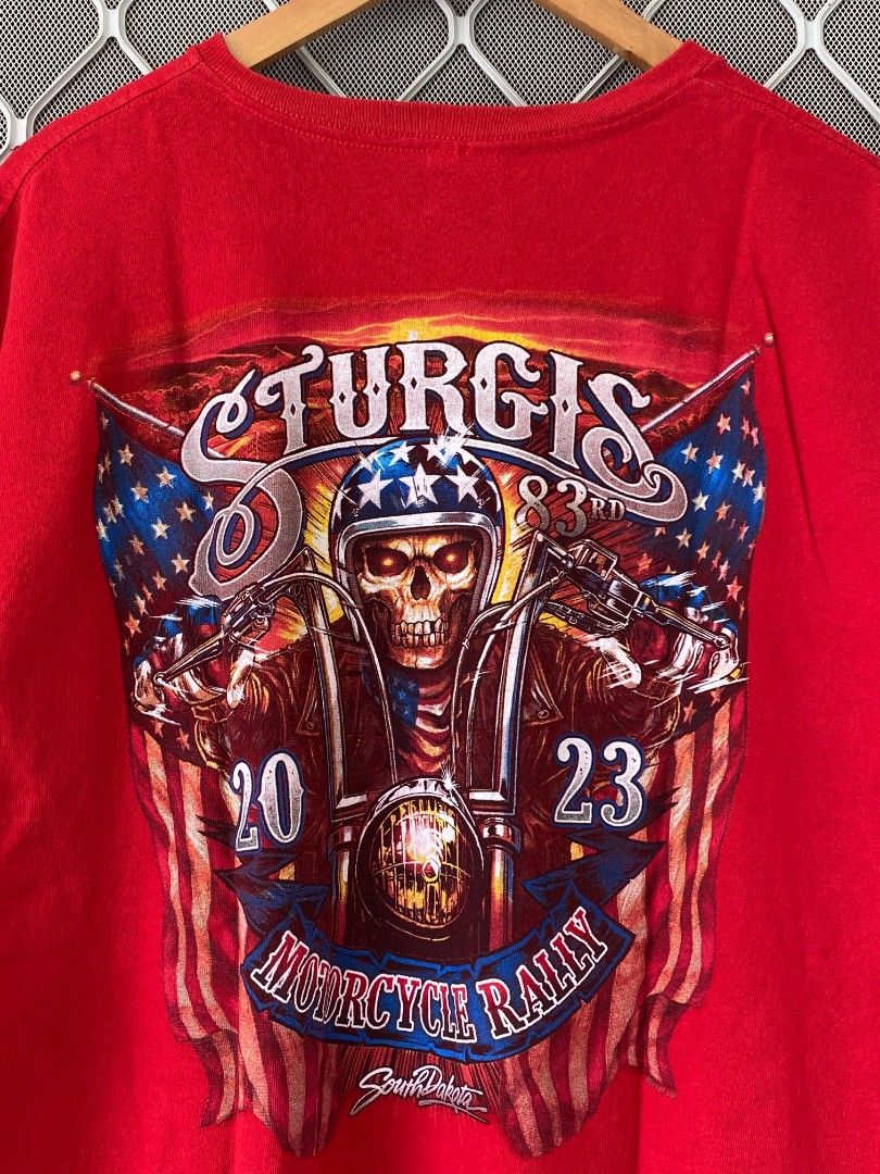 Sturgis Tee (Red) (Category: Tshirts & Polo Shirts ) located in General Natividad. Submitted by jaygo02 (Listing ID 1456427105, Image 3). Description: fits XL 23 x 29 Color rate: 9/10 Issue/s: Unnoticeable stains & pinhole (check the last 3 pictures) 📍Nueva Ecija 📌washed 📌color may vary due to lighting 📌shipping via jnt express.