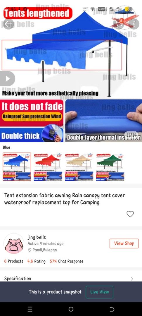 Tent Extension Fabric Awning Rain Canopy Waterproof Replacement Top (Category: Hiking & Camping) located in Pasig City. Submitted by colomamicah96 (Listing ID 1456481182, Image 2). Description: - Lengthen your tent with this stylish extension fabric. - Enhances tent aesthetics. - Features: Rainproof, sun protection, windproof. - Double thick, double-layer thermal insulation. - Available colors: Blue.