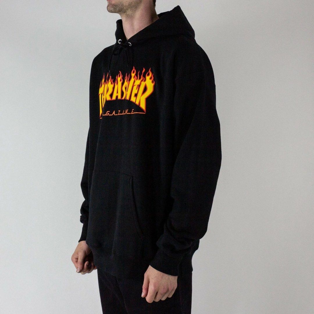 Thrasher Magazine Flames Hoodie (Category: Hoodies) located in Calauan. Submitted by qual1thrifty.stuff (Listing ID 1456540957, Image 2). Description: Thrasher Magazine Flames Hoodie W23 L27 Medium - Large Excellent Condition Flawless Missing Lace.