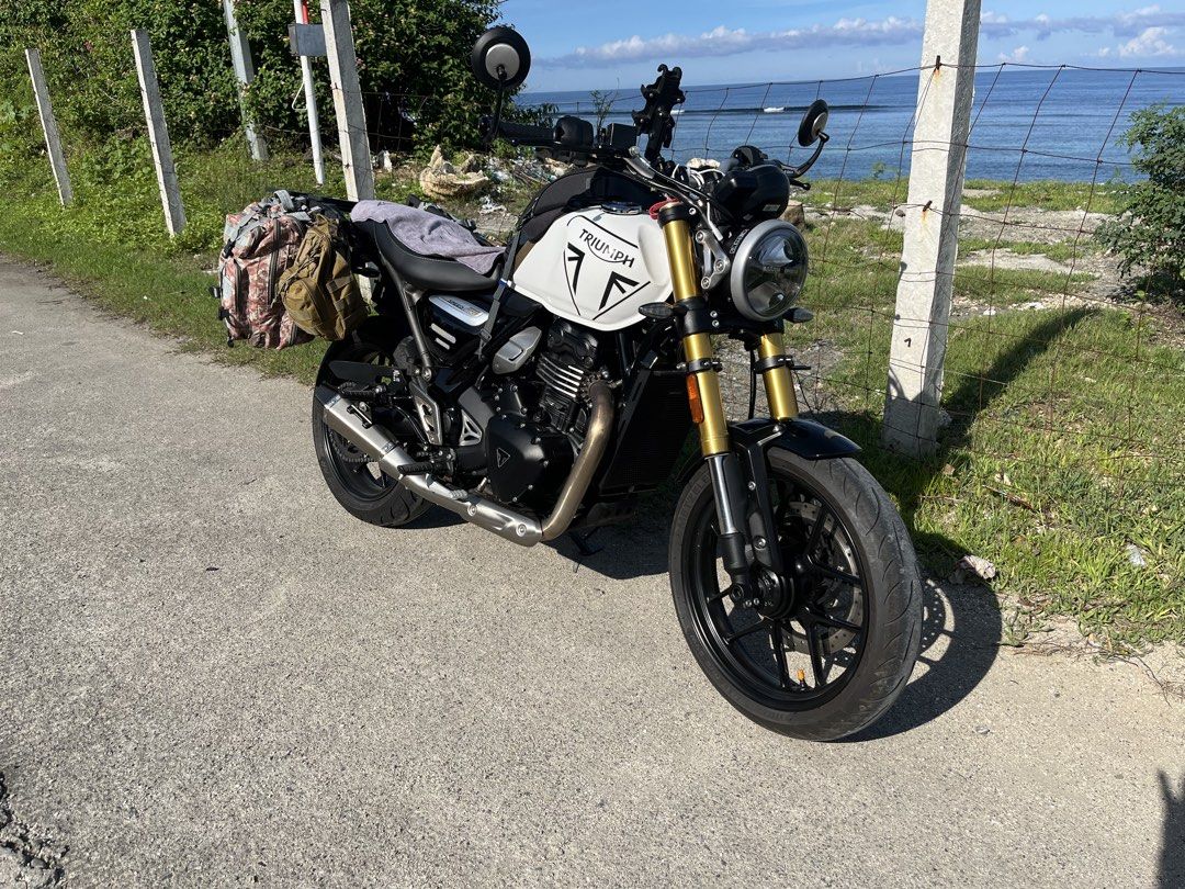 Triumph Speed 400 (Category: Motorbikes for Sale) located in Bacnotan. Submitted by vastgem.d0e409 (Listing ID 1456475065, Image 1). Description: Triumph Scrambler. White and black tank with gold forks. Comes with saddlebags and a rack on the back. Ready for your next adventure. Great for cruising or touring. Low mileage. Well maintained..