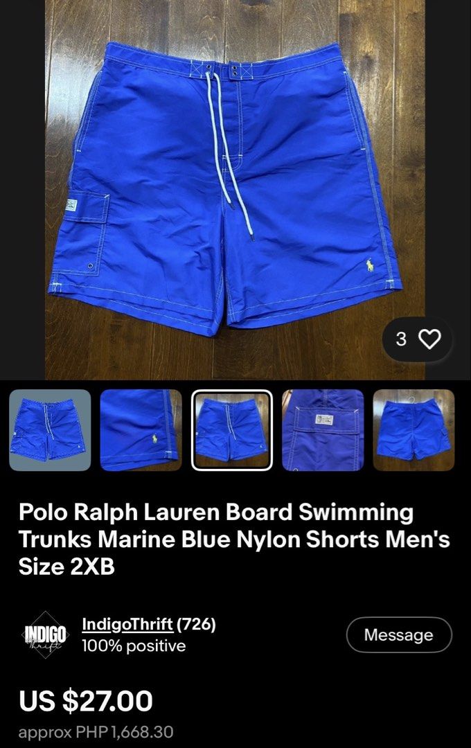 Vintage Ralph Lauren Boardshort (Category: Luxury Apparel) located in Pozorrubio. Submitted by eyannn. (Listing ID 1456474581, Image 2). Description: Excellent Condition! Color rate 9.8/10 Issue: cut inner mesh Large on tag waist: 37-39 length: 22 leghole: 13.