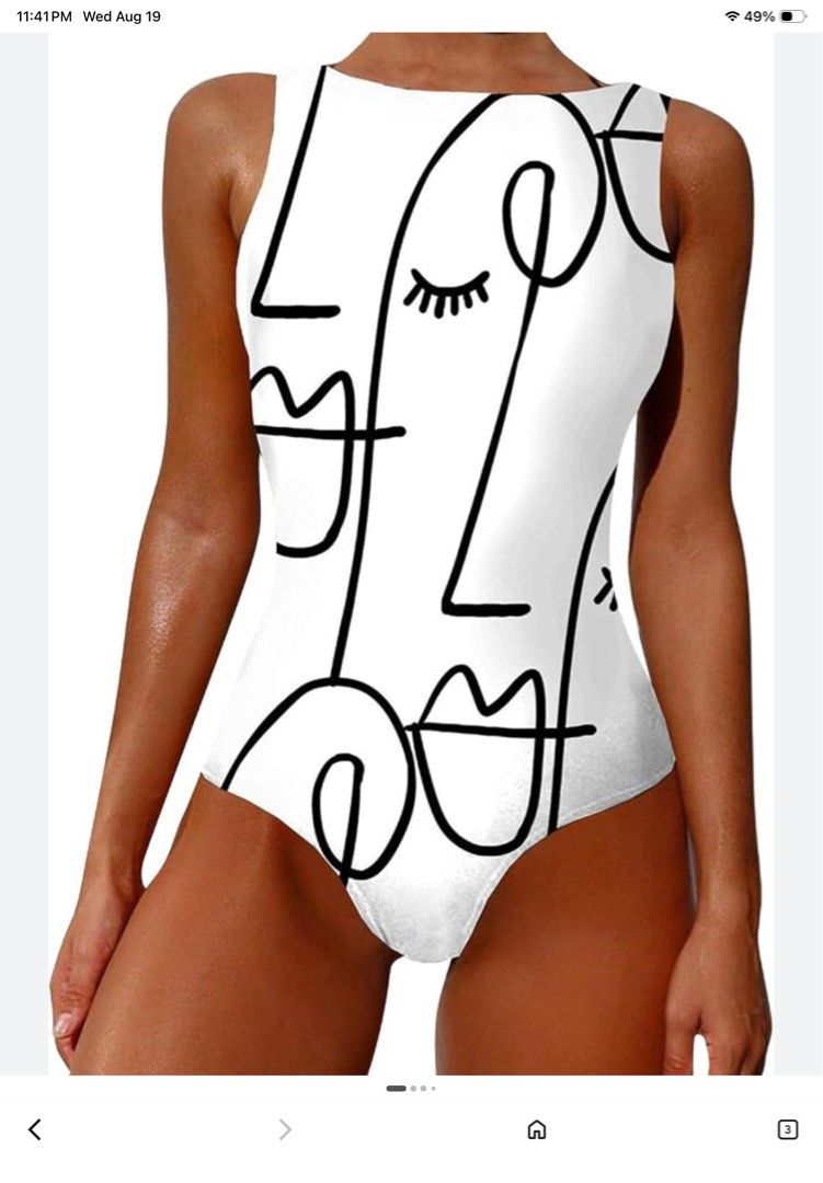 White Abstract Face Print One-Piece Swimsuit (Category: Bikinis & Swimsuits) located in Tarlac. Submitted by rieselects (Listing ID 1456579694, Image 2). Description: - Stylish white one-piece swimsuit - Unique black abstract face print - Sleeveless design - Flattering high-cut leg - Comfortable for beach or pool days.